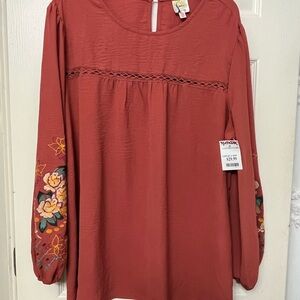 Fig and Flower Terracotta Floral Embroidered Blouse